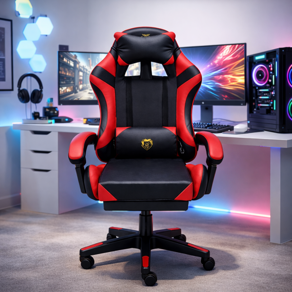 Удобен геймърски стол с поставка за крака и масажна лумбална възглавница, Черно-червен 1