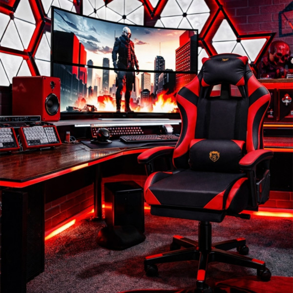Удобен геймърски стол с поставка за крака и масажна лумбална възглавница, Черно-червен