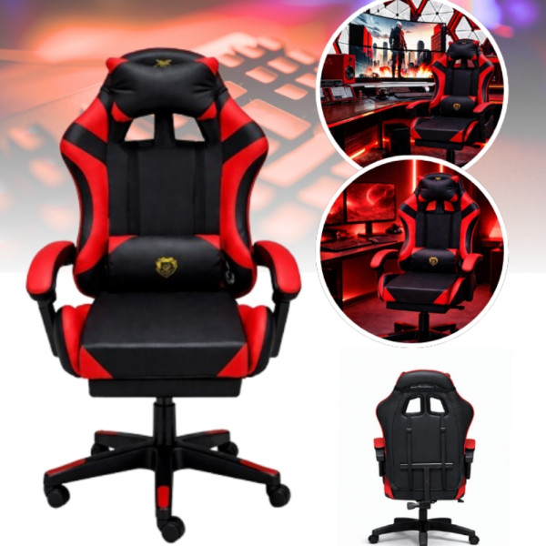 Удобен геймърски стол с поставка за крака и масажна лумбална възглавница, Черно-червен 5