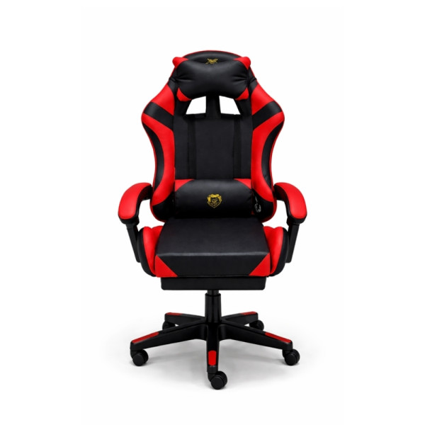 Удобен геймърски стол с поставка за крака и масажна лумбална възглавница, Черно-червен 6