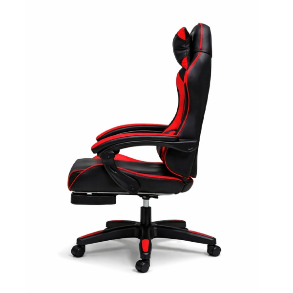 Удобен геймърски стол с поставка за крака и масажна лумбална възглавница, Черно-червен 7