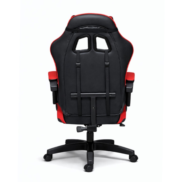 Удобен геймърски стол с поставка за крака и масажна лумбална възглавница, Черно-червен