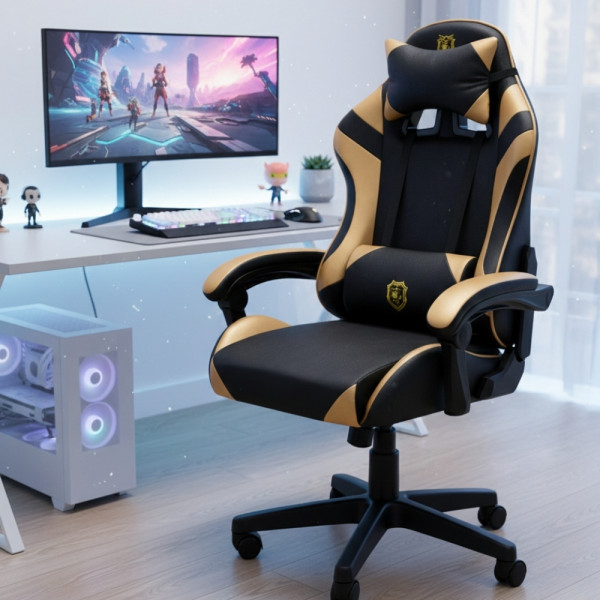 Геймърски стол с масажна функция, лумбална възглавница и поставка за крака – Черен-златист