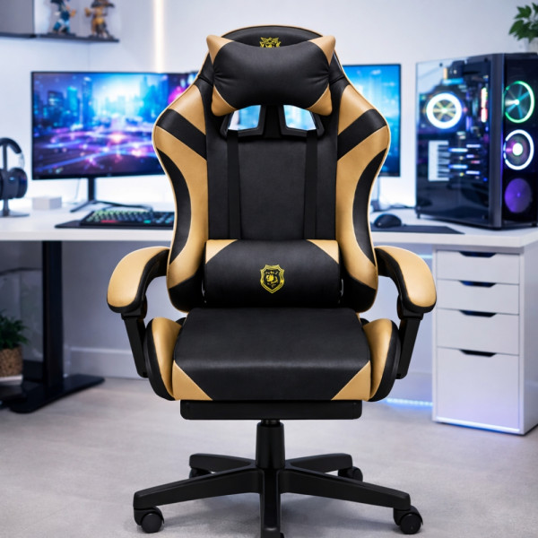 Геймърски стол с масажна функция, лумбална възглавница и поставка за крака – Черен-златист 2