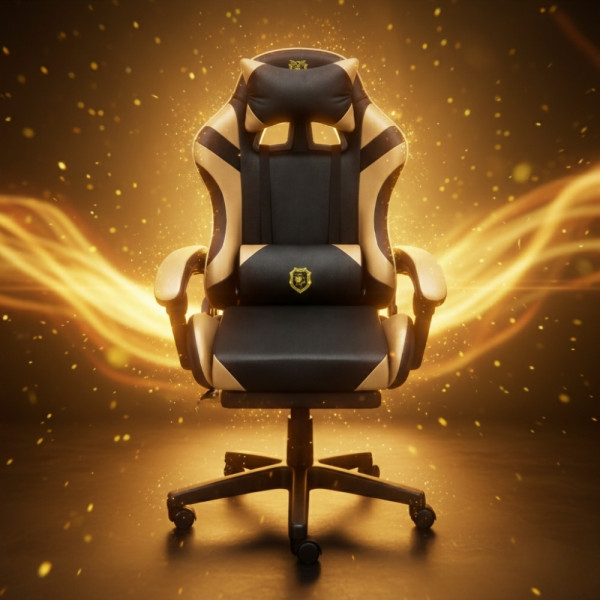 Геймърски стол с масажна функция, лумбална възглавница и поставка за крака – Черен-златист 3
