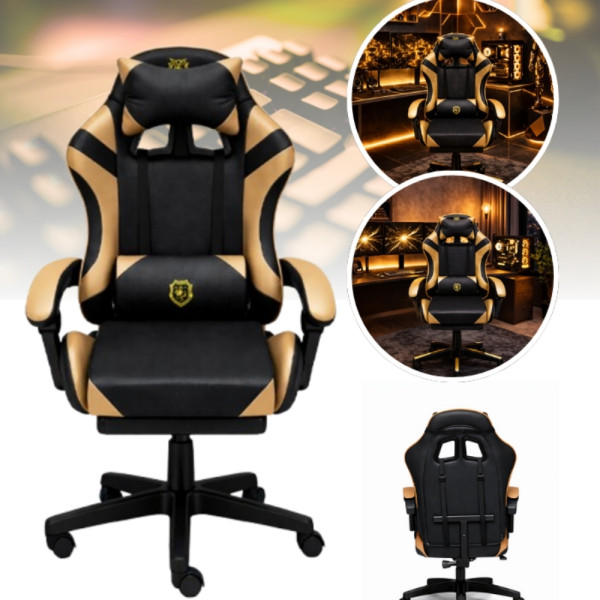 Геймърски стол с масажна функция, лумбална възглавница и поставка за крака – Черен-златист