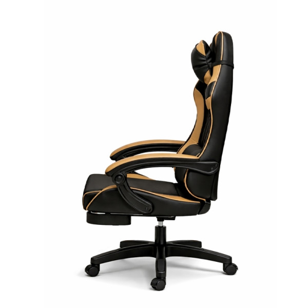 Геймърски стол с масажна функция, лумбална възглавница и поставка за крака – Черен-златист
