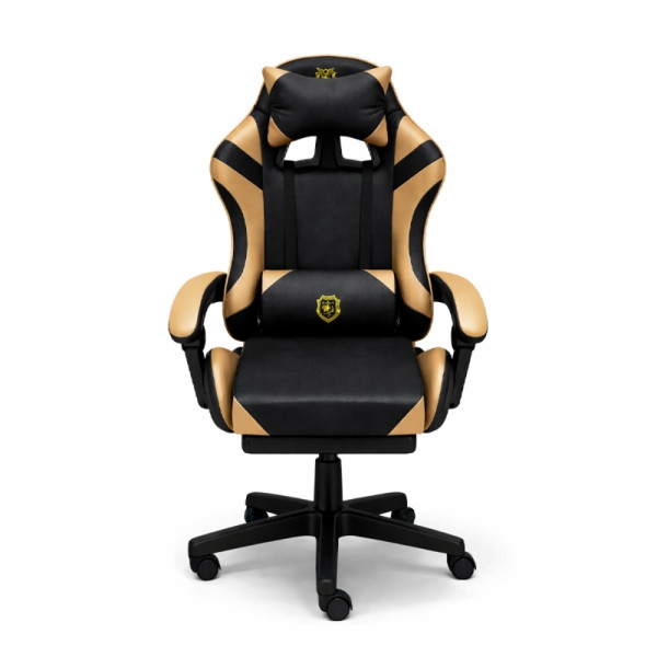 Геймърски стол с масажна функция, лумбална възглавница и поставка за крака – Черен-златист