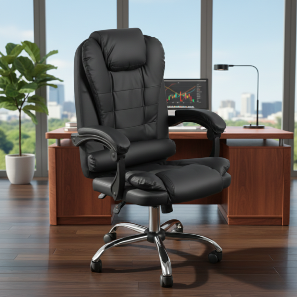 Ергономичен офис стол с лумбална опора от еко кожа в черен цвят – комфорт за дълги часове без болки 3