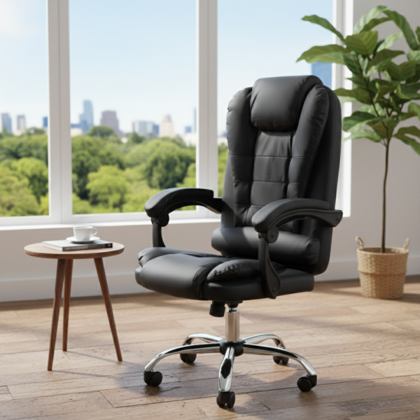 Ергономичен офис стол с лумбална опора от еко кожа в черен цвят – комфорт за дълги часове без болки