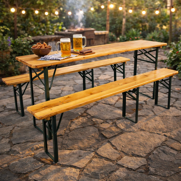 Сгъваем комплект градинска маса с 2 пейки - От чамово дърво, с отвор за чадър 2