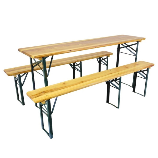 Сгъваем комплект градинска маса с 2 пейки - От чамово дърво, с отвор за чадър