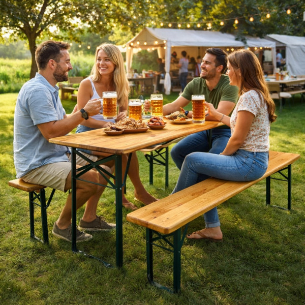 Сгъваем комплект градинска маса с 2 пейки - От чамово дърво, с отвор за чадър