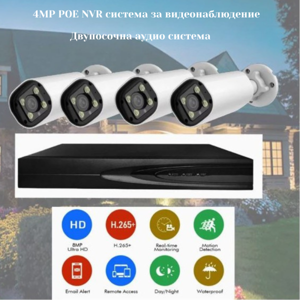Комплект 4бр AI Smart камери с пълноцветно нощно виждане и NVR за професионално видеонаблюдение 30403781