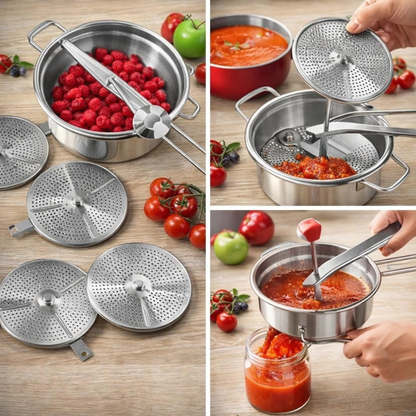 Мелница/цедка за зеленчуци и плодове, 4 части, Неръждаема стомана