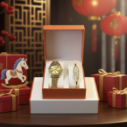 Елегантен дамски комплект: Часовник със златна верижка и камъни + гривна