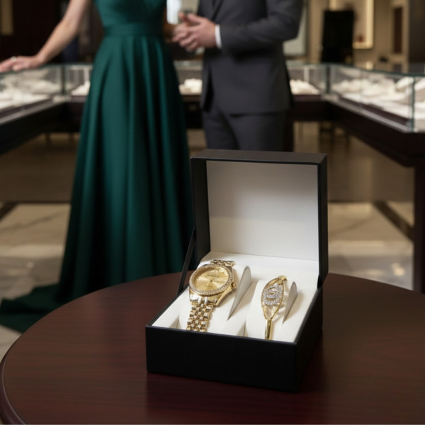 Елегантен дамски комплект: Часовник със златна верижка и камъни + гривна