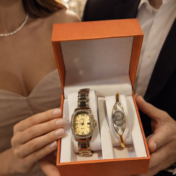 Луксозен дамски комплект: Елегантен часовник с кристали и стилна гривна в подаръчна кутия