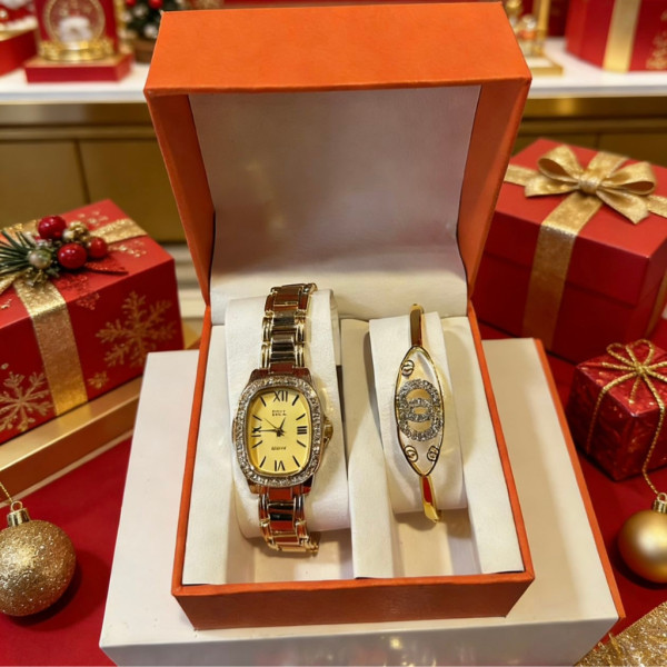 Луксозен дамски комплект: Елегантен часовник с кристали и стилна гривна в подаръчна кутия