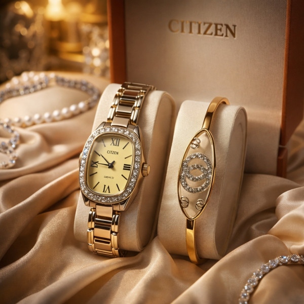 Луксозен дамски комплект: Елегантен часовник с кристали и стилна гривна в подаръчна кутия