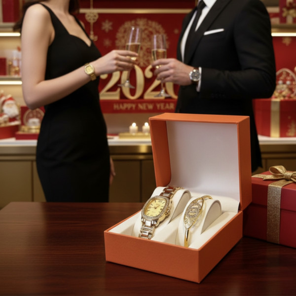 Луксозен дамски комплект: Елегантен часовник с кристали и стилна гривна в подаръчна кутия 4