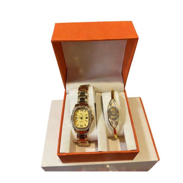 Луксозен дамски комплект: Елегантен часовник с кристали и стилна гривна в подаръчна кутия