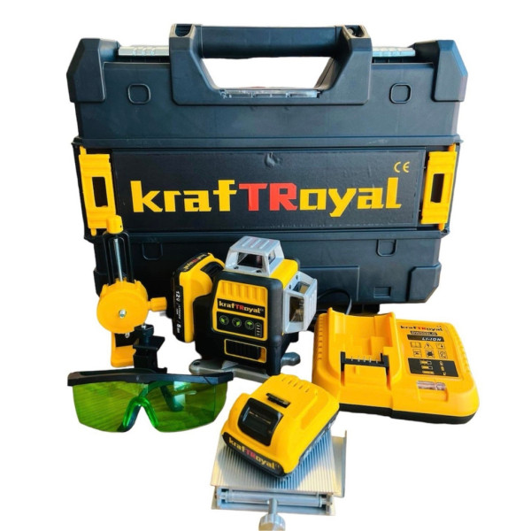 Лазерен нивелир Kraft Royal, Самонивелиращ, 4D, Дистнационно, Жълт, 5VDC, 5Ah 4