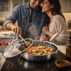 Тиган с капак Goldmann, Трислойно дъно, Незалепващо покритие, Неръждаема стомана