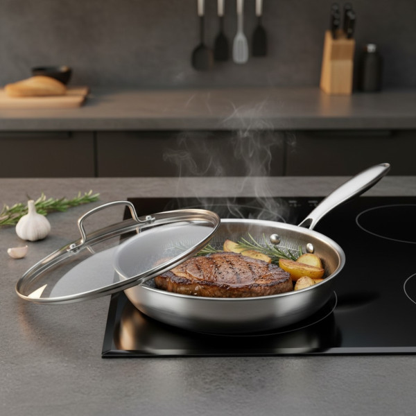 Тиган с капак Goldmann, Трислойно дъно, Незалепващо покритие, Неръждаема стомана 2