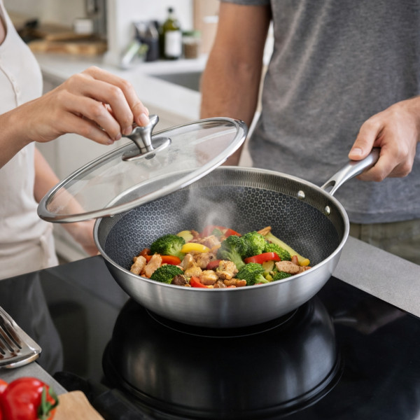 Уок тиган с капак Goldmann Fusionhex Pro, 28x8.5 см., Незалепващо Покритие, Неръждаема стомана
