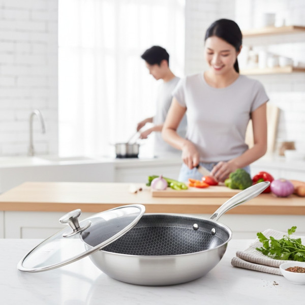 Уок тиган с капак Goldmann Fusionhex Pro, 28x8.5 см., Незалепващо Покритие, Неръждаема стомана