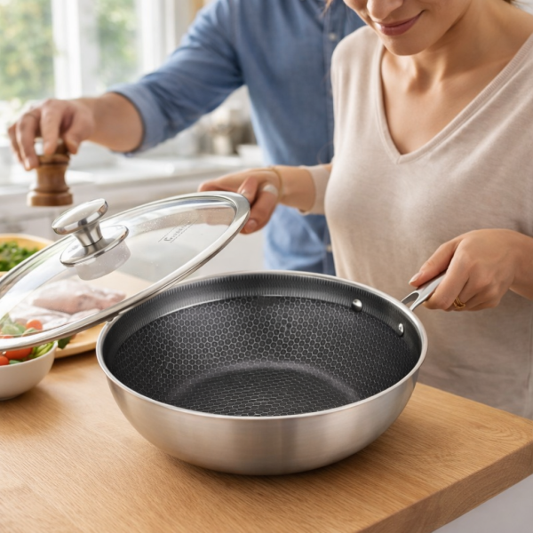 Уок тиган с капак Goldmann Fusionhex Pro, 28x8.5 см., Незалепващо Покритие, Неръждаема стомана