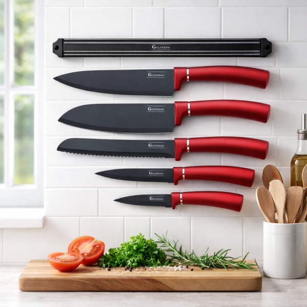 Комплект ножове Goldmann, 5бр. с магнитна релса, Незалепващо покритие, Кутия 1