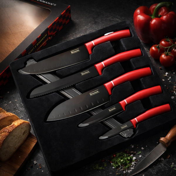 Комплект ножове Goldmann, 5бр. с магнитна релса, Незалепващо покритие, Кутия