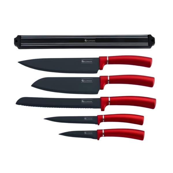 Комплект ножове Goldmann, 5бр. с магнитна релса, Незалепващо покритие, Кутия