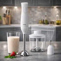 Ръчен пасатор 3 в 1 Rosberg, 350W, Метален накрайник, купа 0.7л., Приставка за разбиване