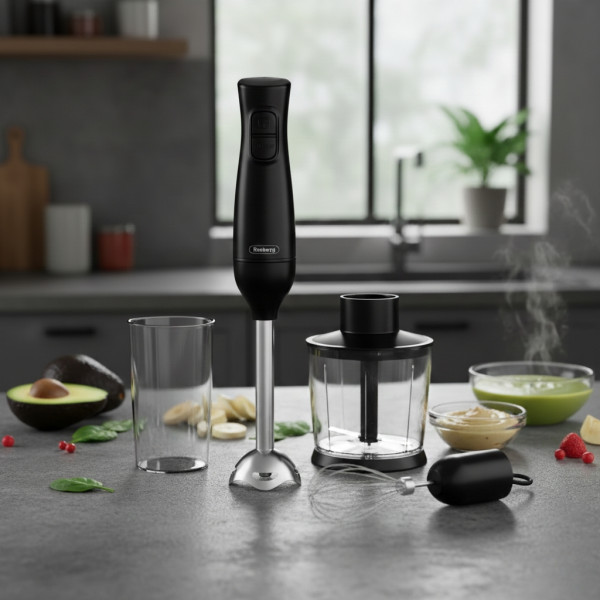 Ръчен пасатор 3 в 1 Rosberg, 350W, Метален накрайник, купа 0.7л., Приставка за разбиване 2