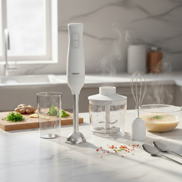 Ръчен пасатор 3 в 1 Rosberg, 350W, Метален накрайник, купа 0.7л., Приставка за разбиване