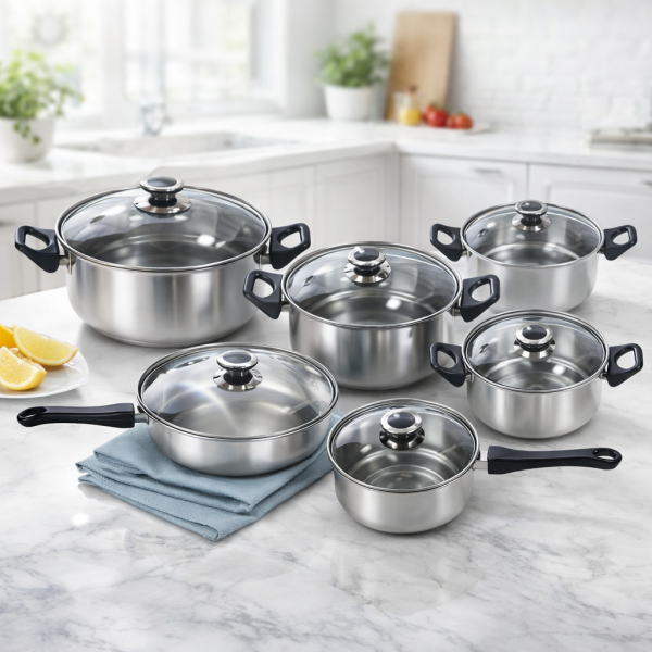 Комплект готварски съдове от инокс 12 части: 5 тенджери, тиган и стъклени капаци (16-24 см) 1