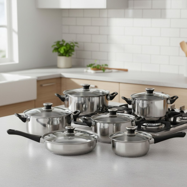 Комплект готварски съдове от инокс 12 части: 5 тенджери, тиган и стъклени капаци (16-24 см) 2