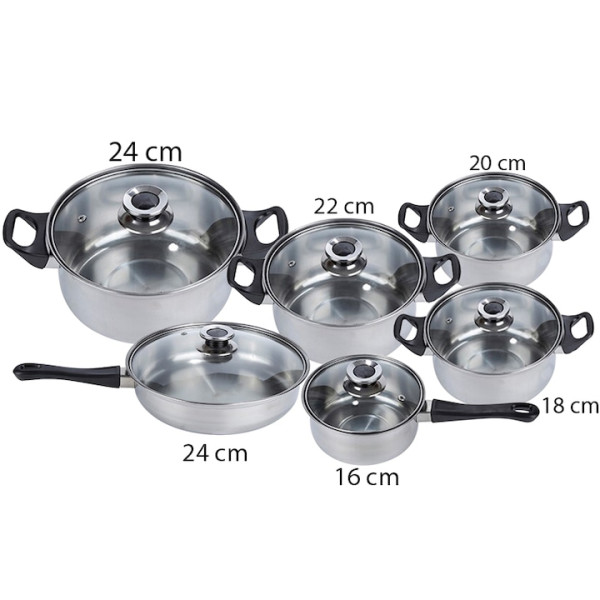 Комплект готварски съдове от инокс 12 части: 5 тенджери, тиган и стъклени капаци (16-24 см) 4