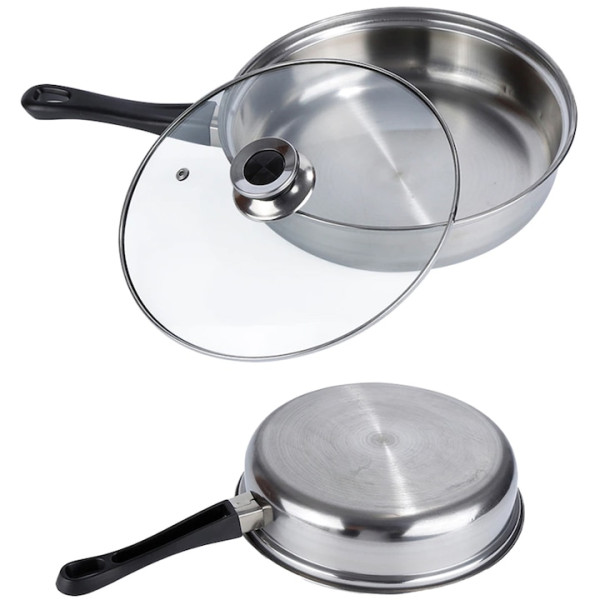 Комплект готварски съдове от инокс 12 части: 5 тенджери, тиган и стъклени капаци (16-24 см)