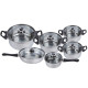 Комплект готварски съдове от инокс 12 части: 5 тенджери, тиган и стъклени капаци (16-24 см) 8