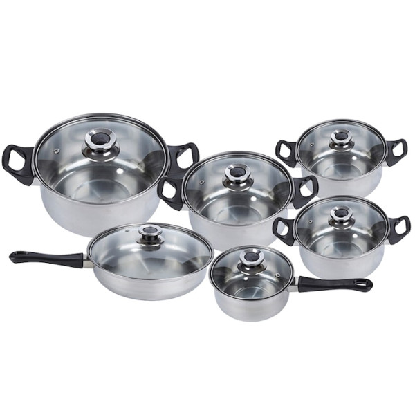 Комплект готварски съдове от инокс 12 части: 5 тенджери, тиган и стъклени капаци (16-24 см) 8