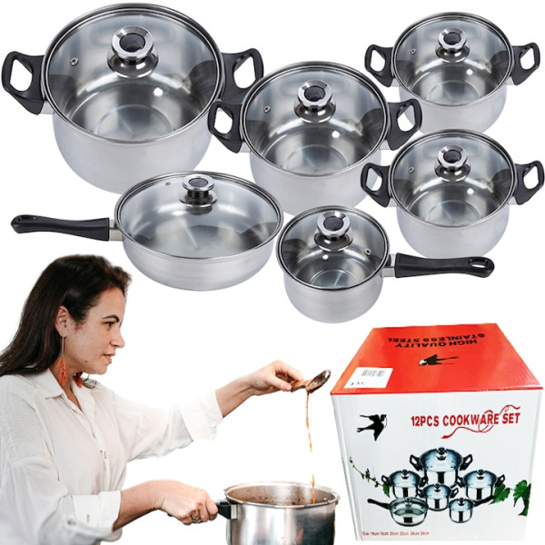 Комплект готварски съдове от инокс 12 части: 5 тенджери, тиган и стъклени капаци (16-24 см)