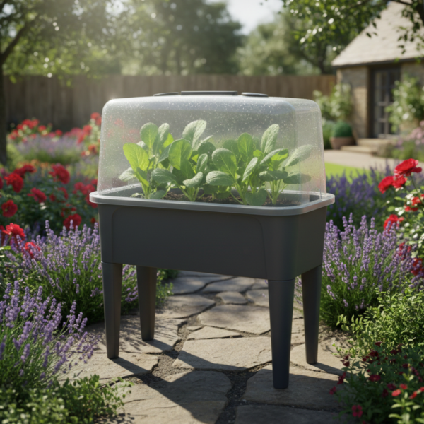 Сива оранжерийна маса с капак - здрава и практична