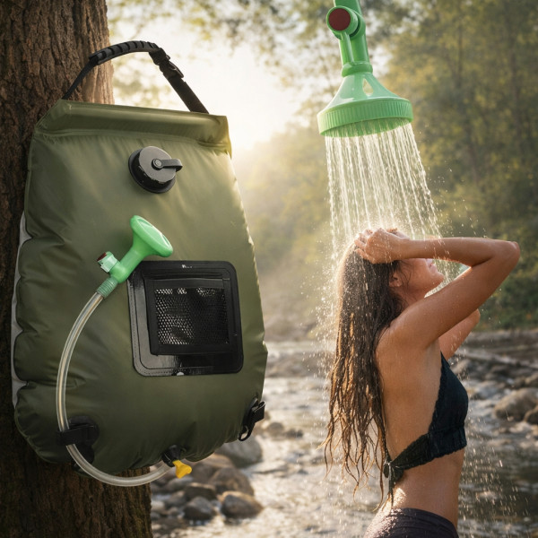 Преносим соларен къмпинг душ 20L с вграден термометър, сгъваем дизайн и подсилена дръжка 1