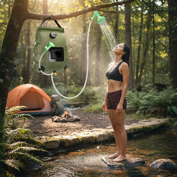 Преносим соларен къмпинг душ 20L с вграден термометър, сгъваем дизайн и подсилена дръжка