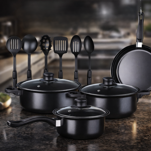 Комплект съдове за готвене от 13 части,незалепващо покритие,за използване на индукционни котлони и печки DJ38