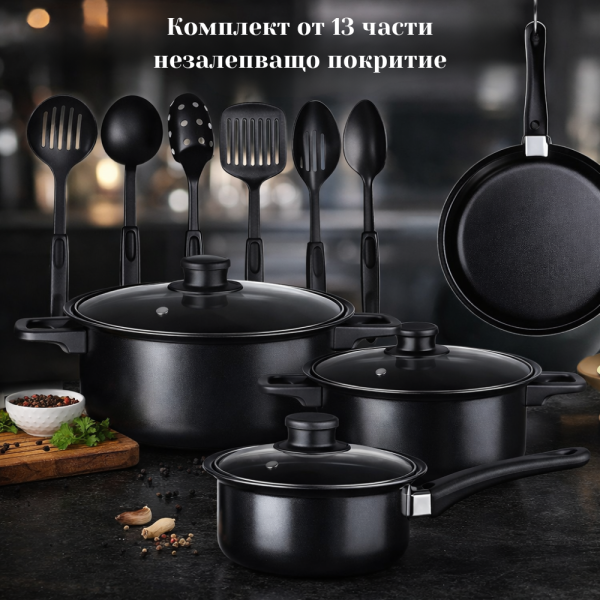 Комплект съдове за готвене от 13 части,незалепващо покритие,за използване на индукционни котлони и печки DJ38 2